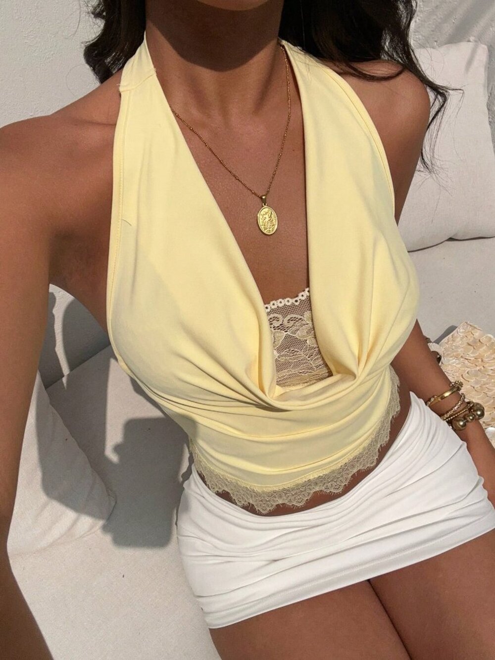 Yellow Sexy Women's Lace Patchwork Halter Backless Tie Camisole - Picture 5 of 8